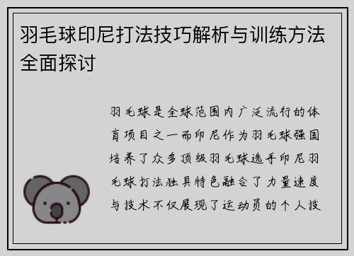羽毛球印尼打法技巧解析与训练方法全面探讨